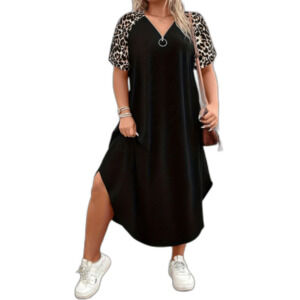 Brand New Ladies Plus Size Black & Animal Print Loose Flowing Dress Size 2X